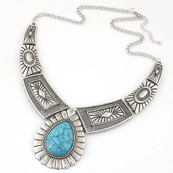 Antique Silver & Turquoise Western Southwestern Bohemian Statement Necklace NEW - Picture 8 of 8